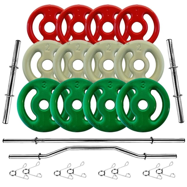 Kit 24Kg Anilhas Emborrachadas com Barras de 40cm e 1,20m + Barra W 1,20m